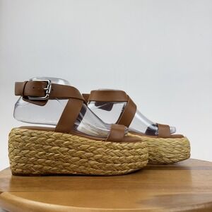 Womens Pure Donna Karan Lolah Brown Leather Platform‎ Espadrille Sandal Size 6.5